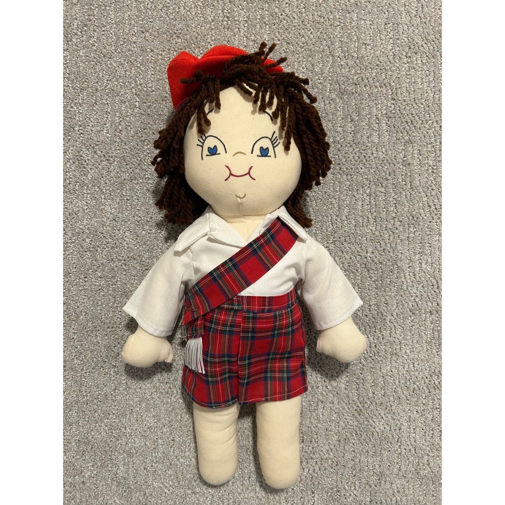 Plush Doll Red Plaid Outfit Bow Hair Scottish Kilt Style Dress Up Toy